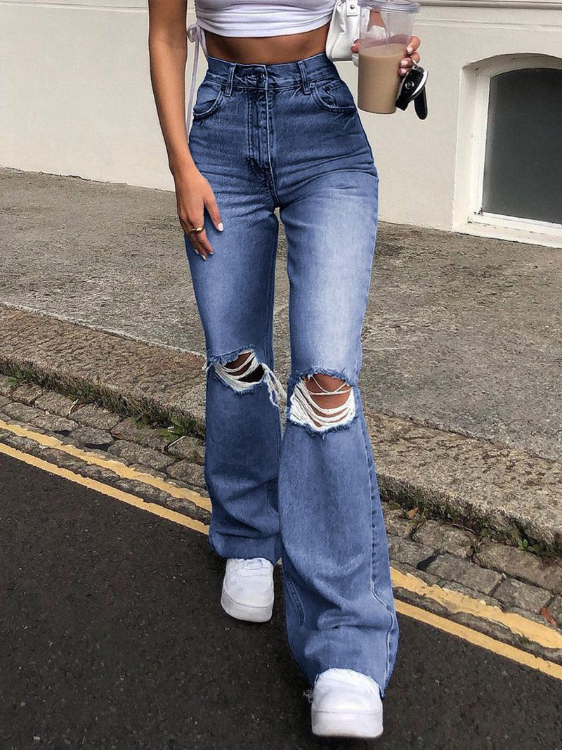 High Waist Ripped Bootcut Denim Slim Straight Jeans