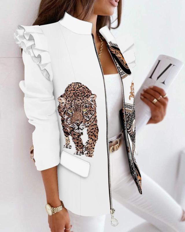 Leopard Print Zip Ruffle Shoulder Jacket