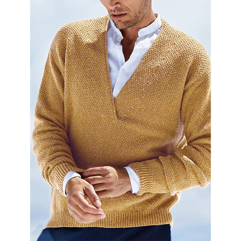 Solid Color Long-sleeved V-neck Knitted Men's Sweater