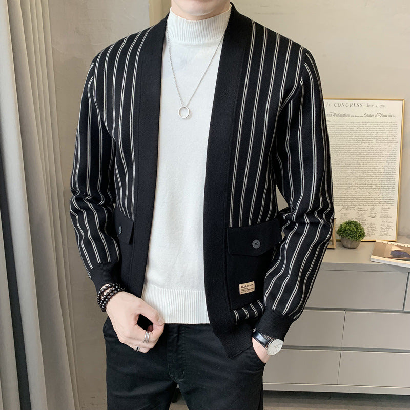 Striped Slim Sweater Casual Knit Cardigan Men's