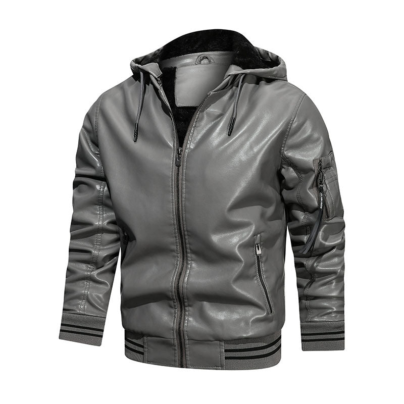 Chaqueta de hombre Chaqueta de cuero con múltiples bolsillos y capucha para hombre