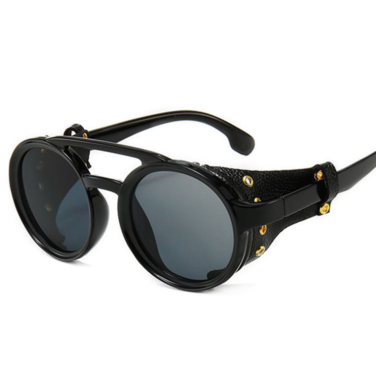 Retro Round Frame Punk Steam Sunglasses Personality Leather Case Sunglasses
