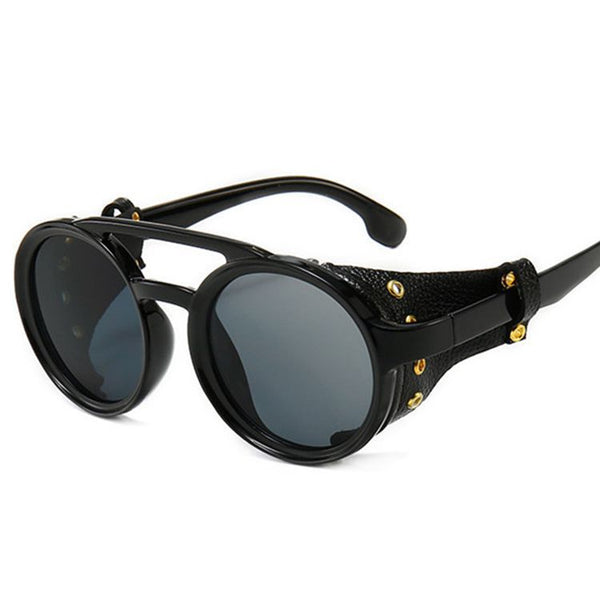 Gafas de sol de vapor punk con marco redondo retro, gafas de sol con estuche de cuero con personalidad