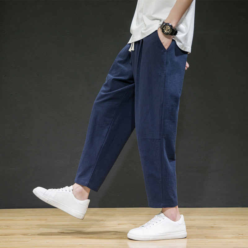 Men's Cotton And Linen Loose Linen Straight-leg Cropped Trousers