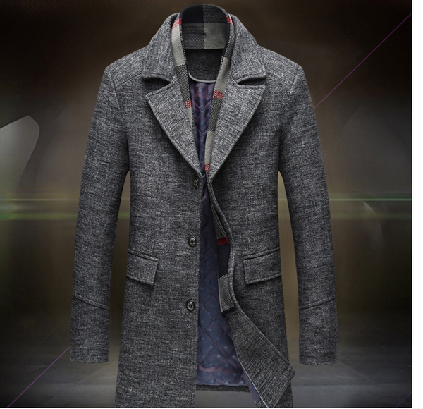Men Casual Woolen trench Coat With Scarf