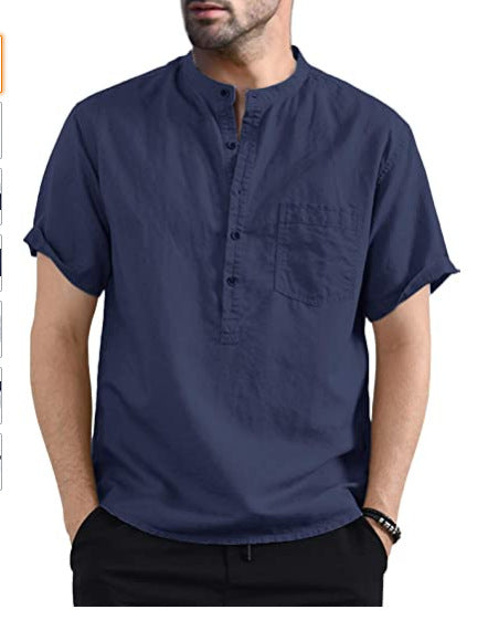 Camisa de lino de algodón Camisa de verano con bolsillo de color liso para hombre